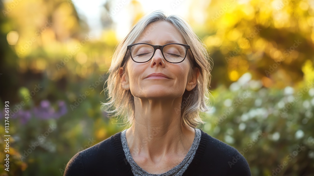 A woman with grey hair and glasses stands in a garden, with her eyes closed and a serene expression. A woman with grey hair and glasses stands in a garden, with her eyes closed and a serene expression.