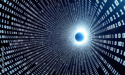 A dynamic tunnel of binary code representing digital data flow in technology. photo