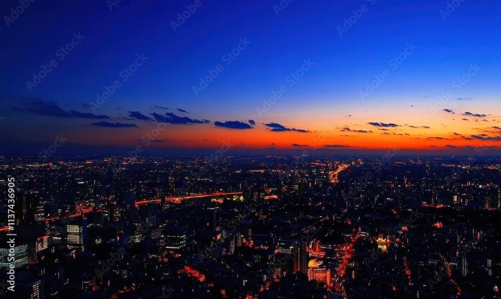 Obraz premium A vibrant city skyline at dusk, showcasing lights and a colorful sunset.