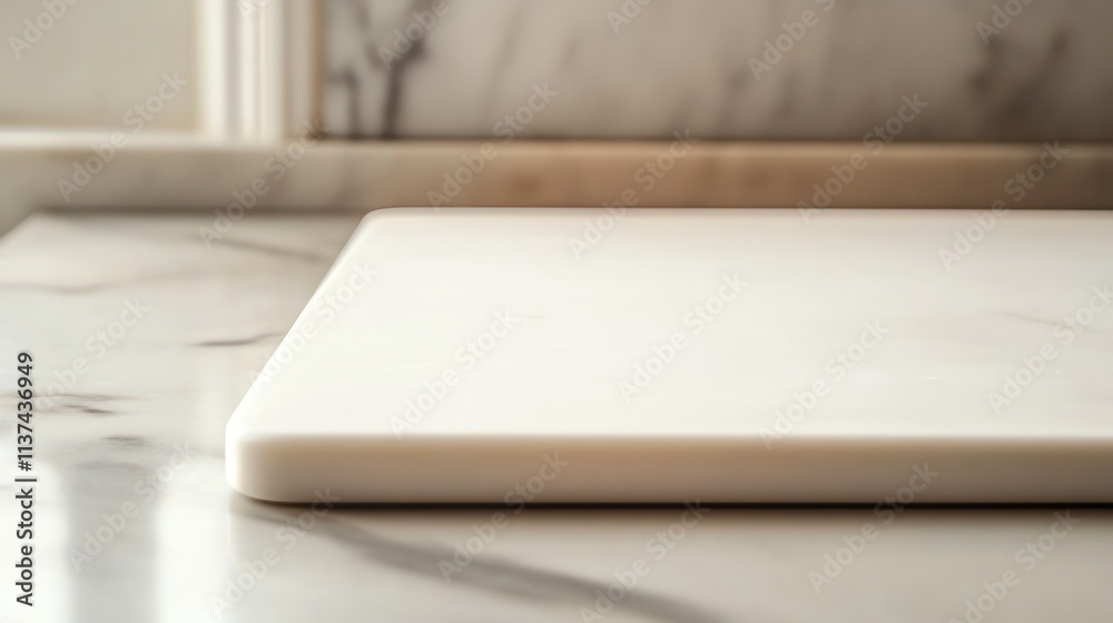 Fototapeta premium A white, square cutting board on a white surface.