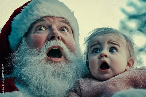 Cheerful festive season, Ñute baby girl sad with santa claus. Christmas commercial concept visual for media and online promotion use. Happy holidays promotions. Winter magic promotions. photo