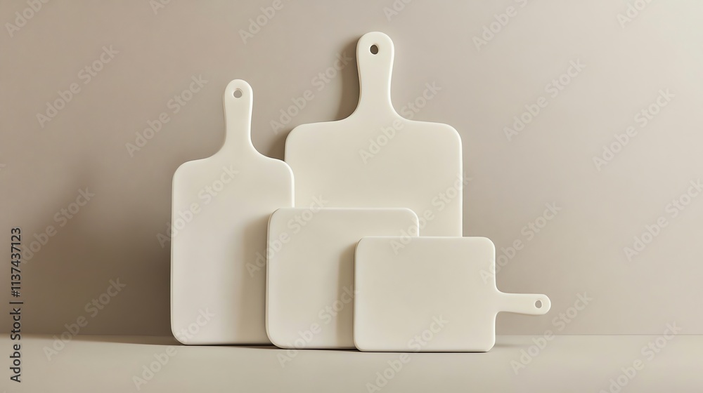 Four white cutting boards on a beige background. Four white cutting boards on a beige background.