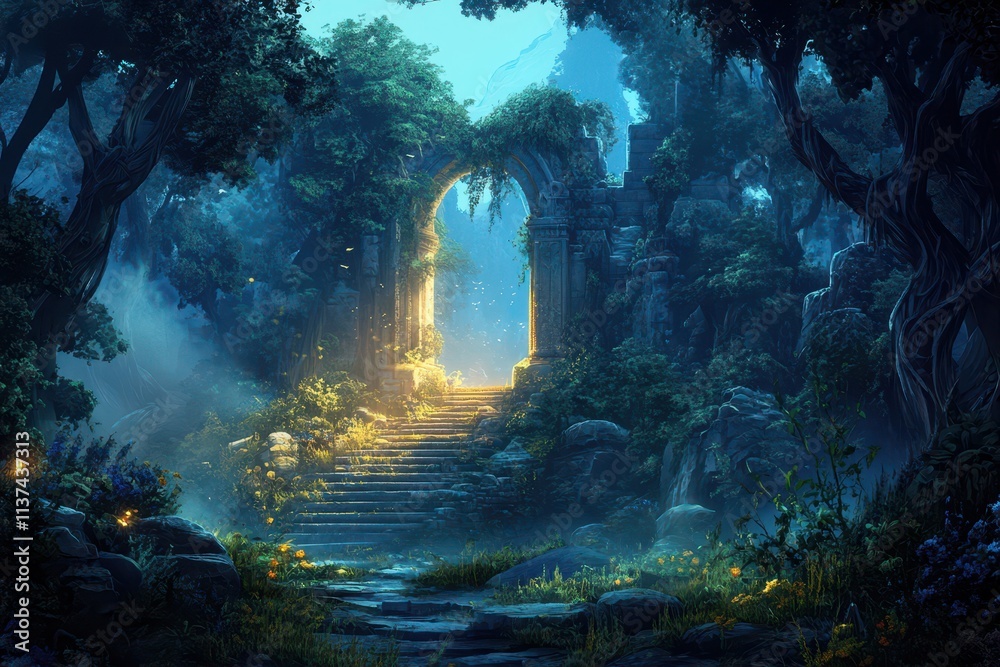 Obraz premium An ancient stone archway illuminated in a mystical forest.