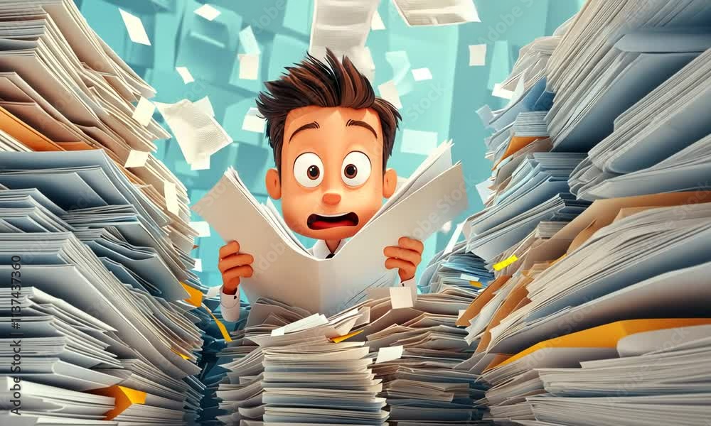 A surprised boy overwhelmed by a mountain of paperwork and flying papers.