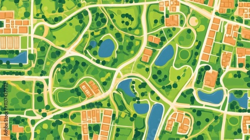 A vibrant map depicting parks, paths, and water features in a green space.