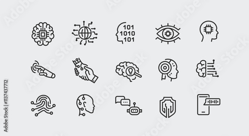 AI technology icons. Set of 15 AI technology minimal icons. Brain, Microchip, AI Interface, Robotics, Binary Code icon. Design signs for web page, mobile app, packaging design. Vector illustration.