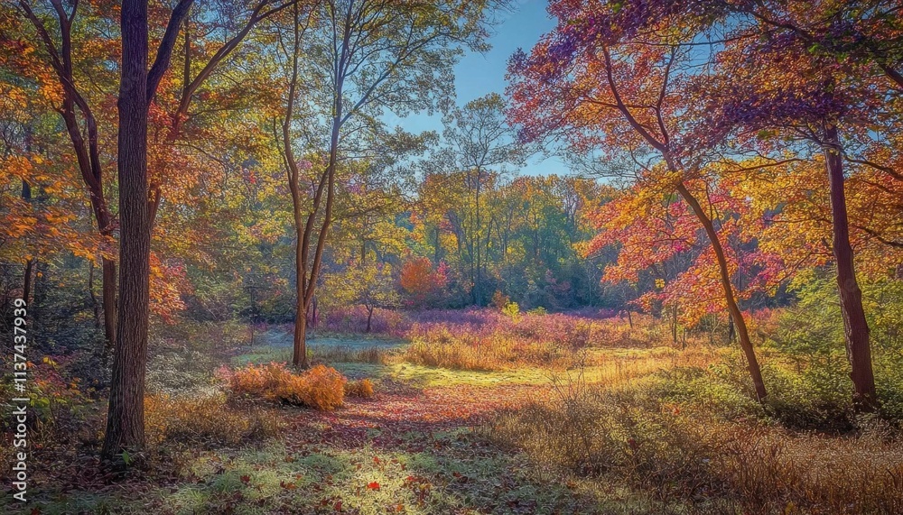 A vibrant autumn landscape with colorful trees by a serene pond. A vibrant autumn landscape with colorful trees by a serene pond.