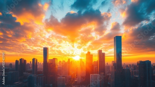 A vibrant sunset illuminates the skyline of a modern city, casting long shadows across the buildings. The sky is ablaze with orange, pink, and purple hues, creating a breathtaking spectacle.