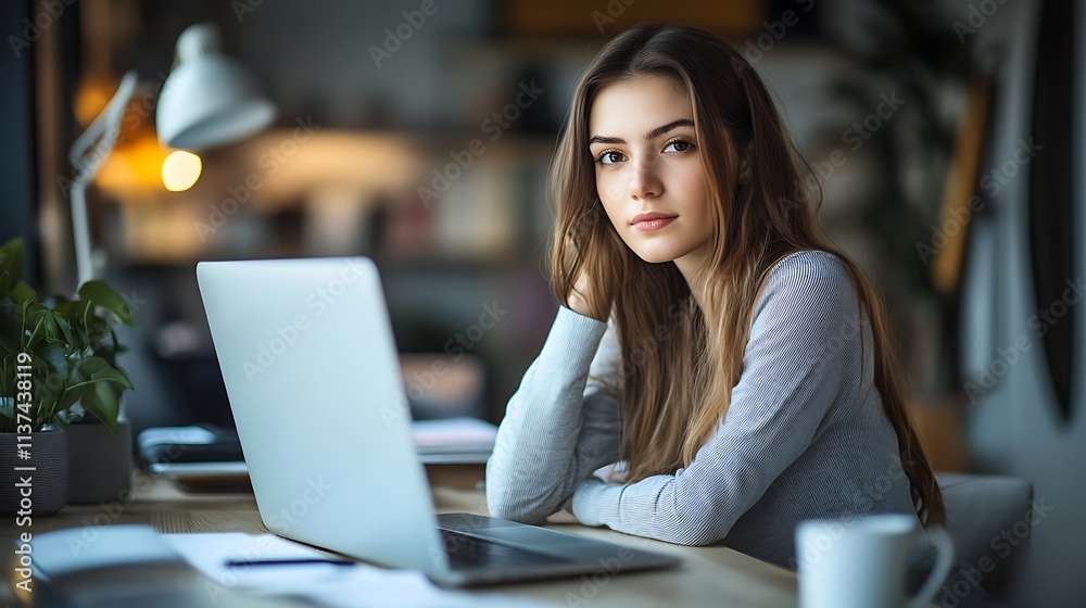 Focused Young Woman Working on Laptop at Home Office,Concentrated Female Professional Analyzing Documents and Financial Reports Focused Young Woman Working on Laptop at Home Office,Concentrated Female Professional Analyzing Documents and Financial Reports