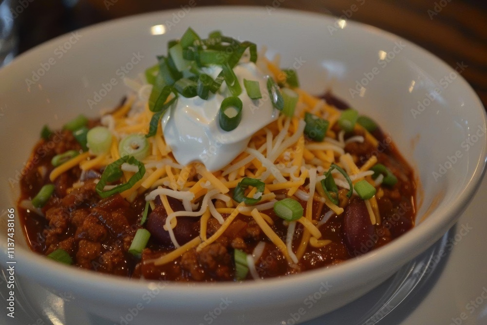 A hearty bowl of chili topped with cheese, sour cream, and green onions.