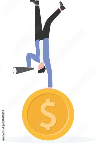 Businessman holding binoculars upside down on top of stack of gold coins looking for new business vision,

