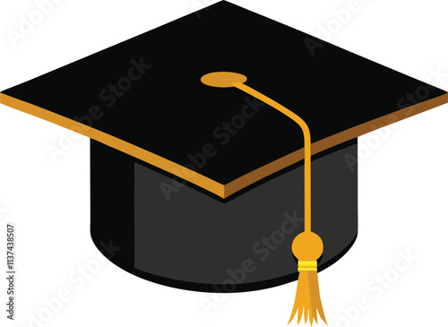 Black Graduation Cap with Shiny Golden Tassel Vector Illustration