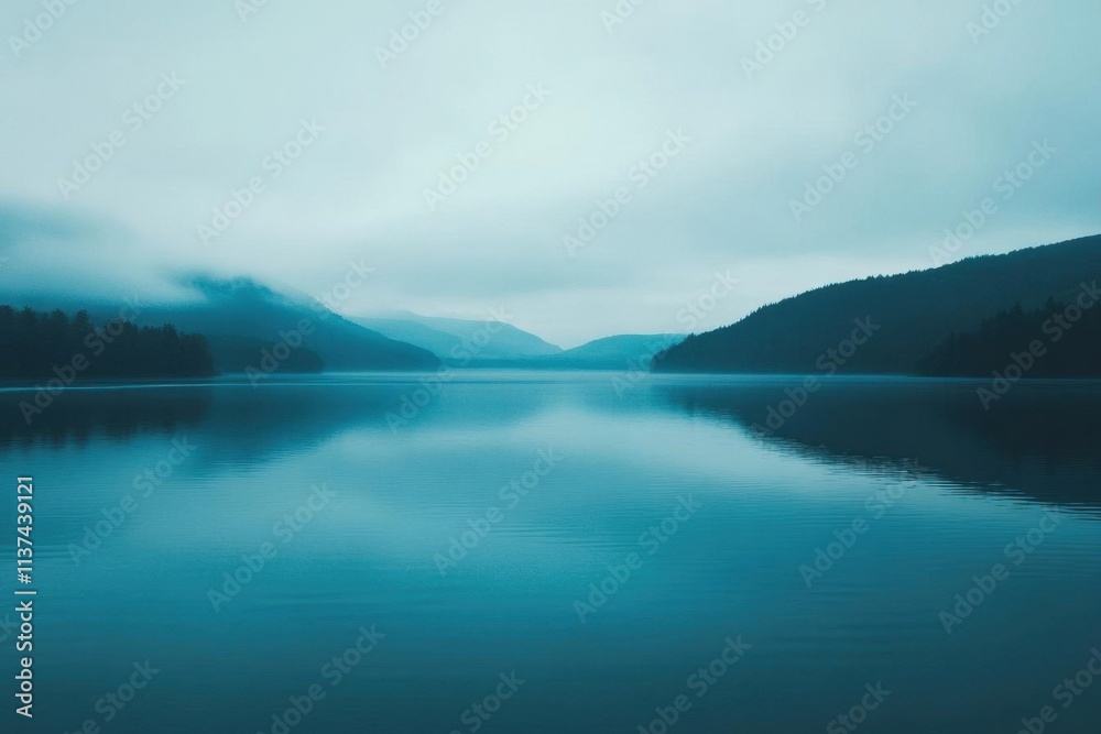 A serene lake surrounded by misty mountains under a cloudy sky. A serene lake surrounded by misty mountains under a cloudy sky.