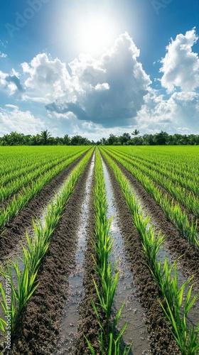 Lush green rice field under a bright sky with clouds.