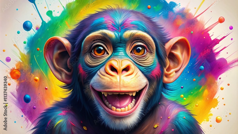 Cartoon Asian Monkey Illustration, Cute Ape Chimpanzee, Kids Book, White Background, Surreal Animal Scene Cartoon Asian Monkey Illustration, Cute Ape Chimpanzee, Kids Book, White Background, Surreal Animal Scene