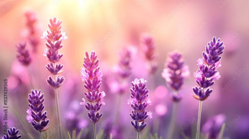 Lavender flowers bloom in a soft sunset light Lavender flowers bloom in a soft sunset light