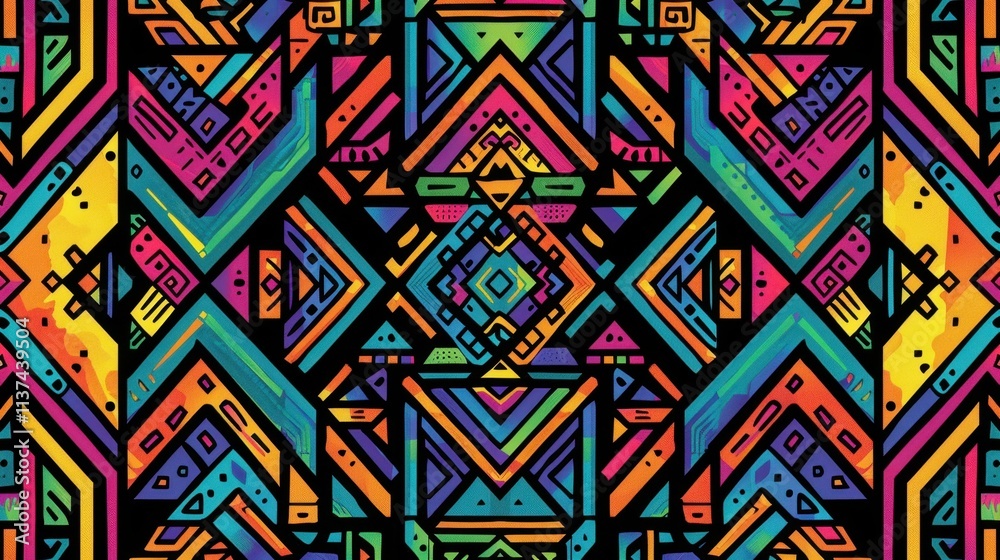 A vibrant geometric pattern featuring colorful shapes and designs. A vibrant geometric pattern featuring colorful shapes and designs.