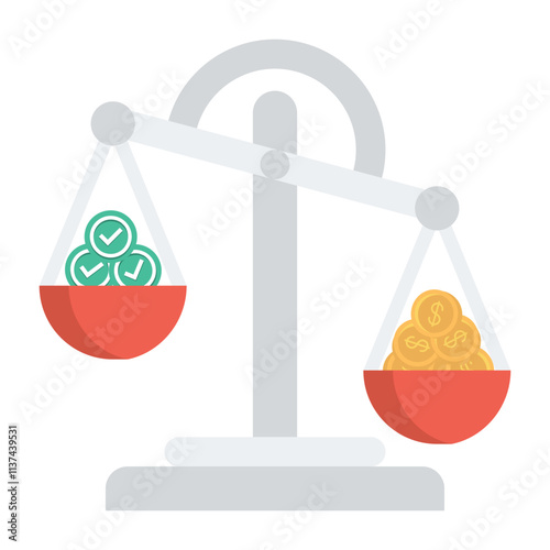 Scales money is heavier than fairness.Concept of social injustice such as bribery.Scales not fair green correctness and dollar gold coin.Element vector on white background.for infographics, present.