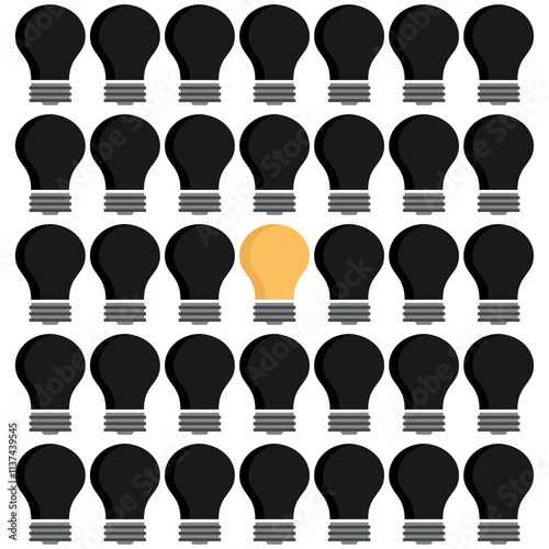 Light bulbs every extinguish black except bulbs yellow.Concept there are ideas in the group, there are no ideas.Light bulb vector element flat style illustration pattern wallpaper on white background.