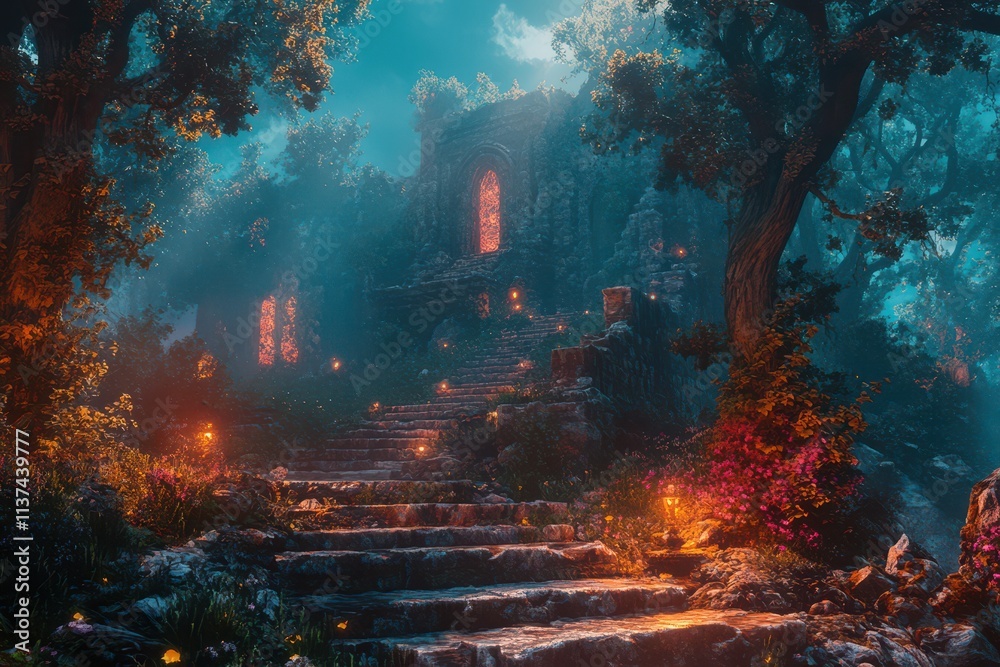 Stone Steps Leading to an Enchanting Ancient Structure in a Mystical Forest Stone Steps Leading to an Enchanting Ancient Structure in a Mystical Forest