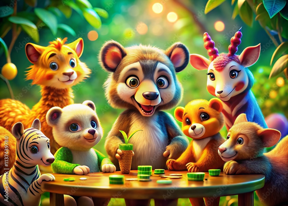 Fototapeta premium Cartoon Wild Animals Bokeh: Fun Differences Game, Playful Jungle Friends, Adorable Animals, Blurred Background