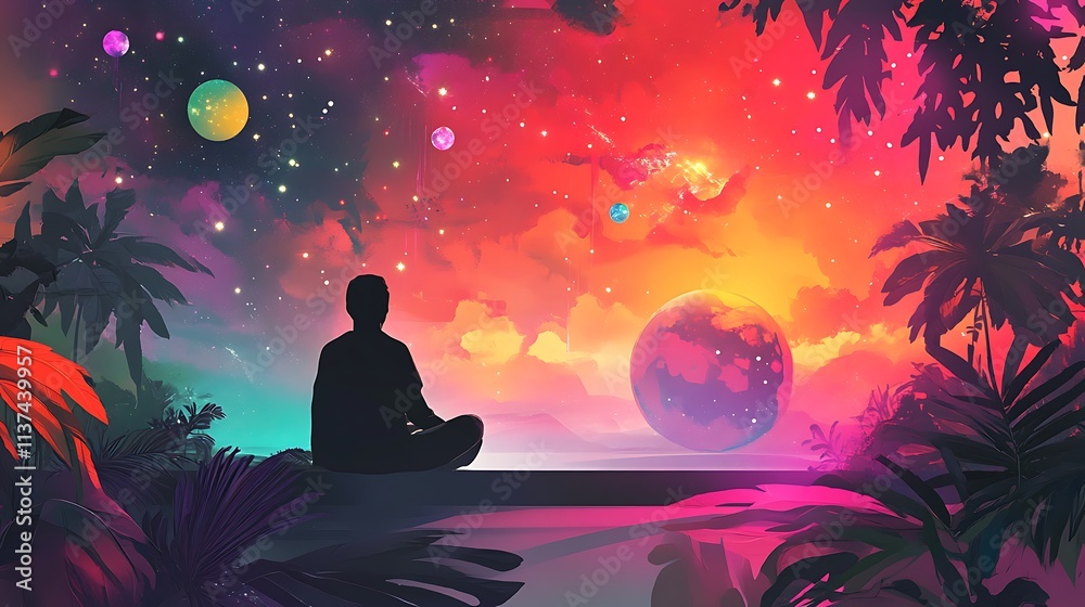 Silhouette of a Person Contemplating a Vibrant Cosmic Sunset Landscape A Stunning Digital Painting for Meditation,Mindfulness Silhouette of a Person Contemplating a Vibrant Cosmic Sunset Landscape A Stunning Digital Painting for Meditation,Mindfulness