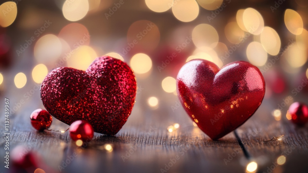 Fototapeta premium Two Red Glitter Hearts Festive Holiday Decor