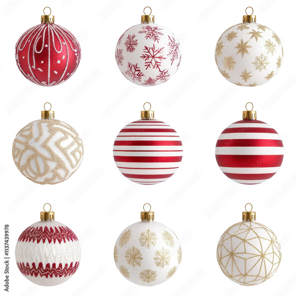 Red and white Christmas ornaments with stripes and snowflake patterns isolated on white, arranged in a grid. Concept: festive, holiday decorations.
Red and white Christmas ornaments with stripes and snowflake patterns isolated on white, arranged in a grid. Concept: festive, holiday decorations.