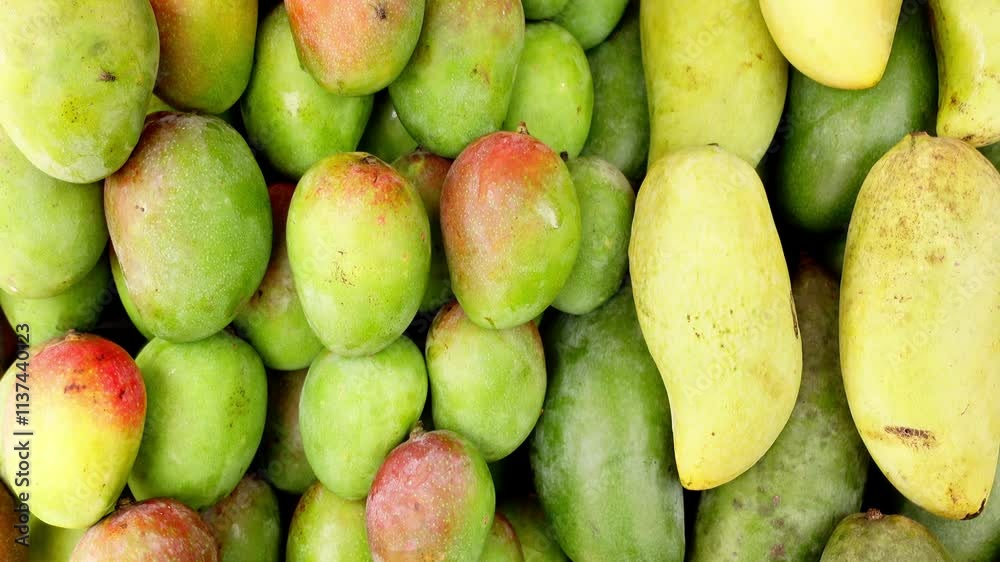 Juicy and Fresh Mangoes along with Pears Beautifully Displayed at a Market