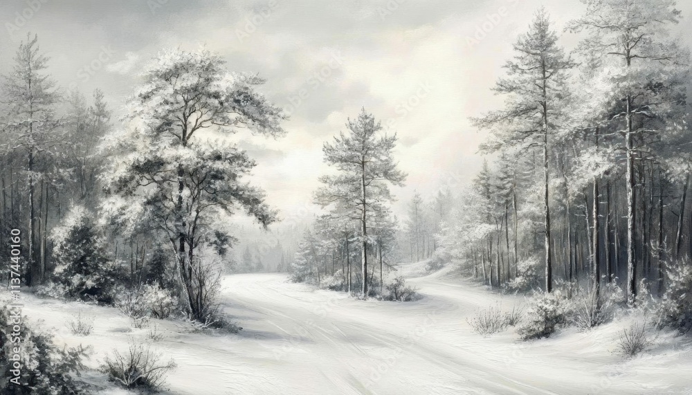 A serene winter landscape with snow-covered trees and a winding path.