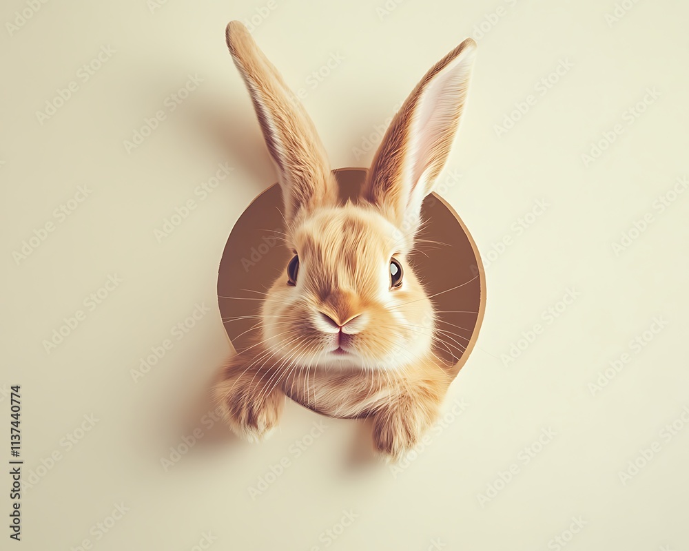 Fluffy Easter bunny with long ears peeking curiously out of a round hole in a pale cream background Fluffy Easter bunny with long ears peeking curiously out of a round hole in a pale cream background