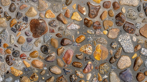 A close-up view of colorful pebbles embedded in concrete. photo