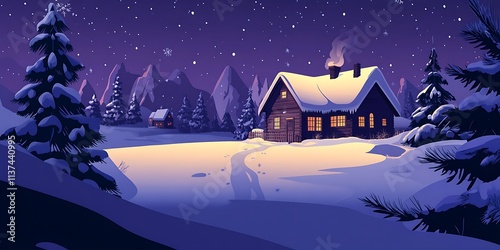 Winter Wonderland Landscape Cozy Cabin Scene in Snowy Mountains for Holiday Cards, Websites, and Winter themed Projects