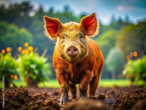 Charming Tamworth Pig Playfully Covered in Mud with a Beautiful Bokeh Background in a Lush Green Farm Setting, Perfect for Nature and Animal Lovers photo