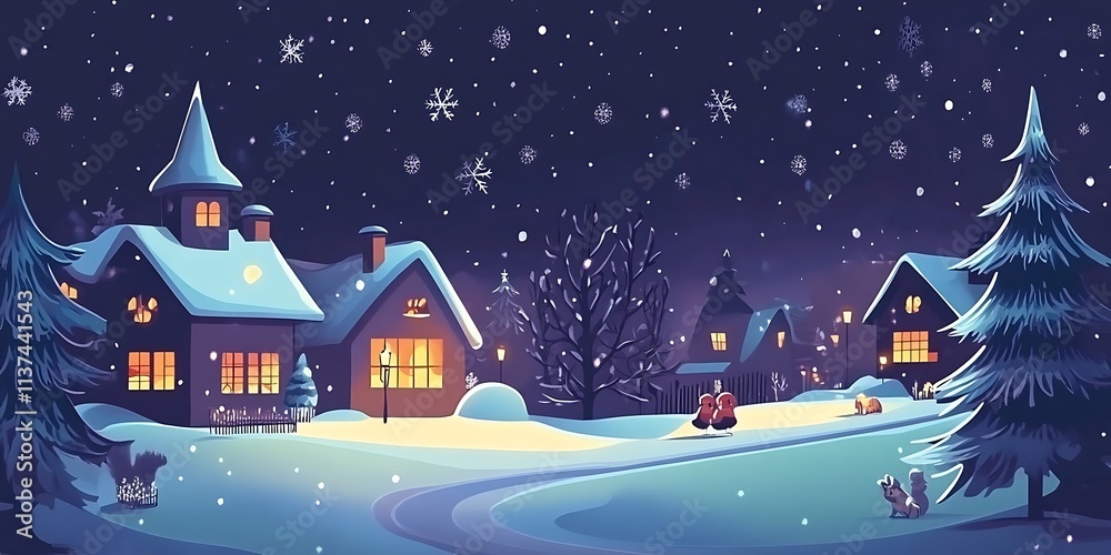 Fototapeta premium A charming winter village scene perfect for Christmas and holiday greeting cards, websites, and social media posts