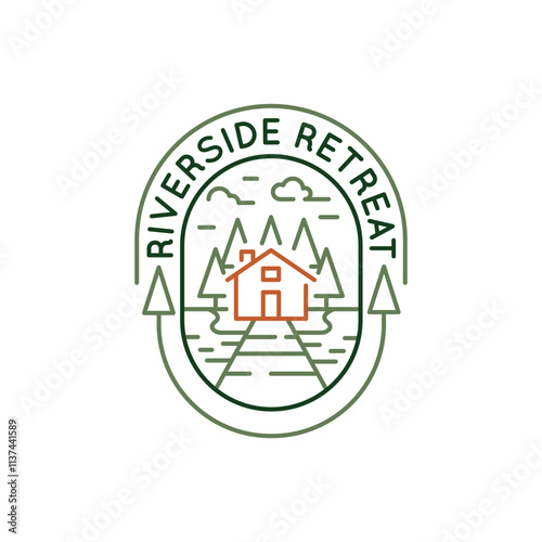 Simple Logo with Riverside Retreat icon. Simple Logo with a wood district, ideal for showcasing themes of travel mobile living. Perfect for use in apps, websites, print materials. Vector illustration.