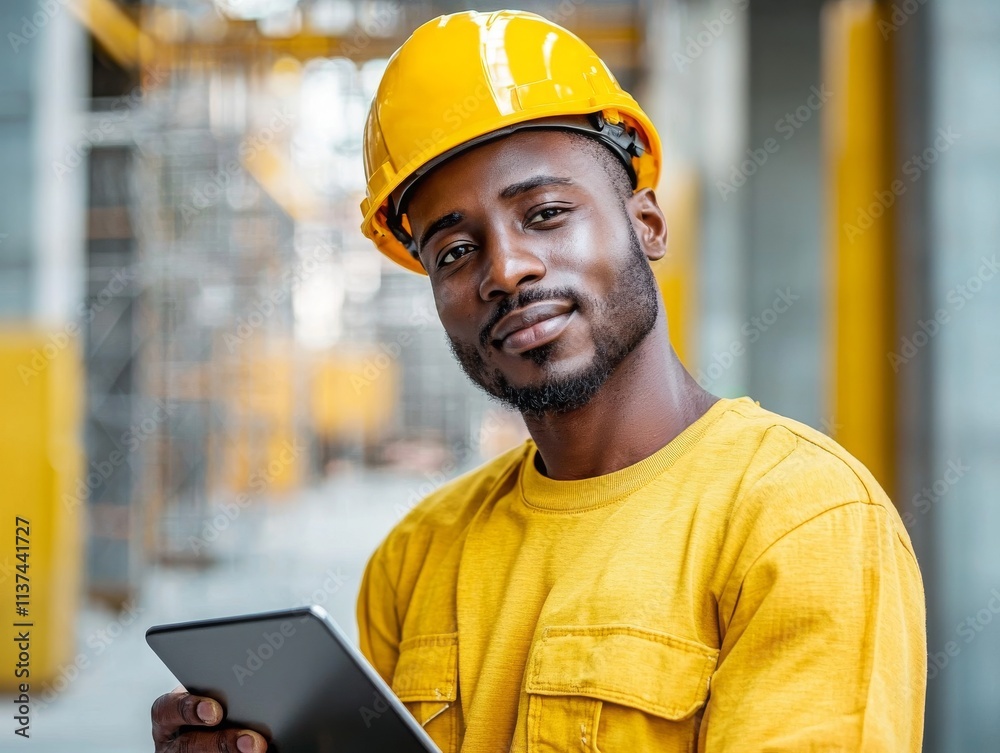 Confident Construction Worker in Protective Gear Assessing Project on Tablet in Modern Building Site with Scaffolding and Industrial Elements in Background Confident Construction Worker in Protective Gear Assessing Project on Tablet in Modern Building Site with Scaffolding and Industrial Elements in Background