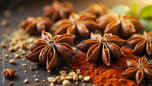 Star anise in an aromatic mood showcased in an exotic spice collection with golden hour light photo