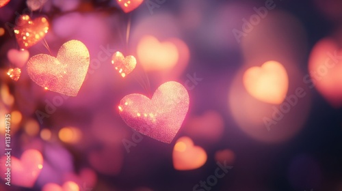 Glowing Hearts Floating in Purple Background