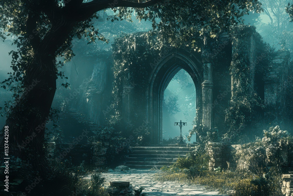 Overgrown Stone Archway in a Misty Forest Overgrown Stone Archway in a Misty Forest