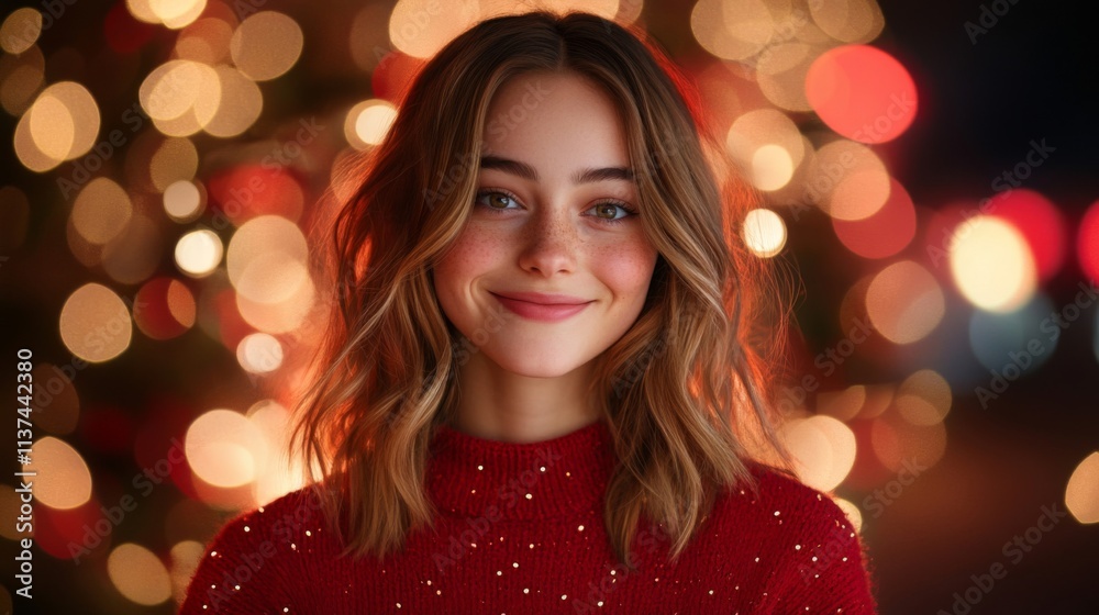 Young Woman Smiling in Red Sweater Christmas Lights Young Woman Smiling in Red Sweater Christmas Lights