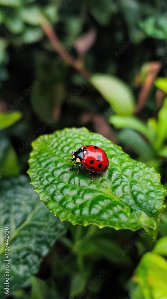 A ladybug resting on a green leaf amidst lush foliage. A ladybug resting on a green leaf amidst lush foliage.