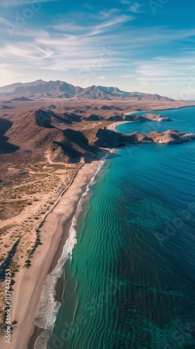 Aerial View of El Tecolote Beach in Baja California Sur, Mexico, for travel and vacation purposes photo