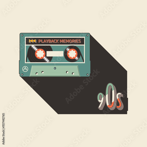 Retro cassette tape vector illustration in green vibrant color