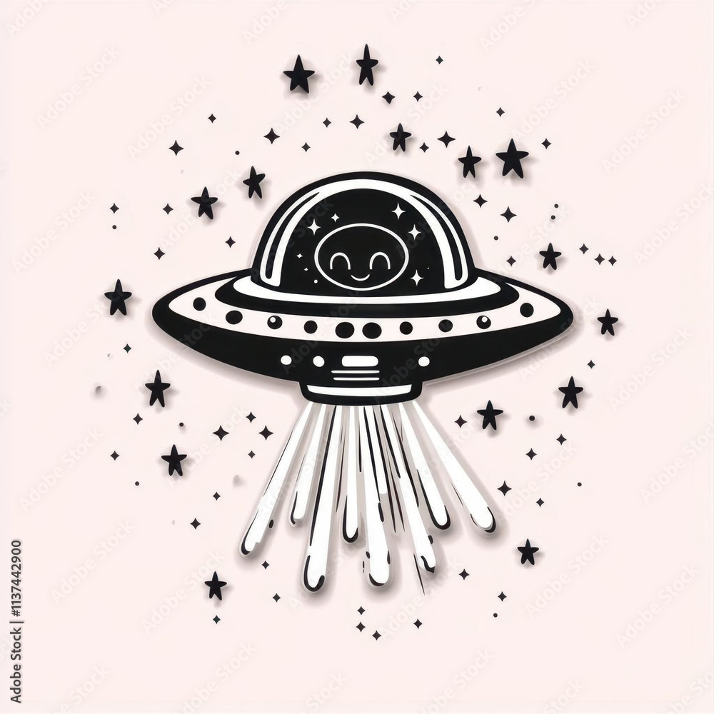 A cartoonish UFO with a smiling face and stars around it. A cartoonish UFO with a smiling face and stars around it.