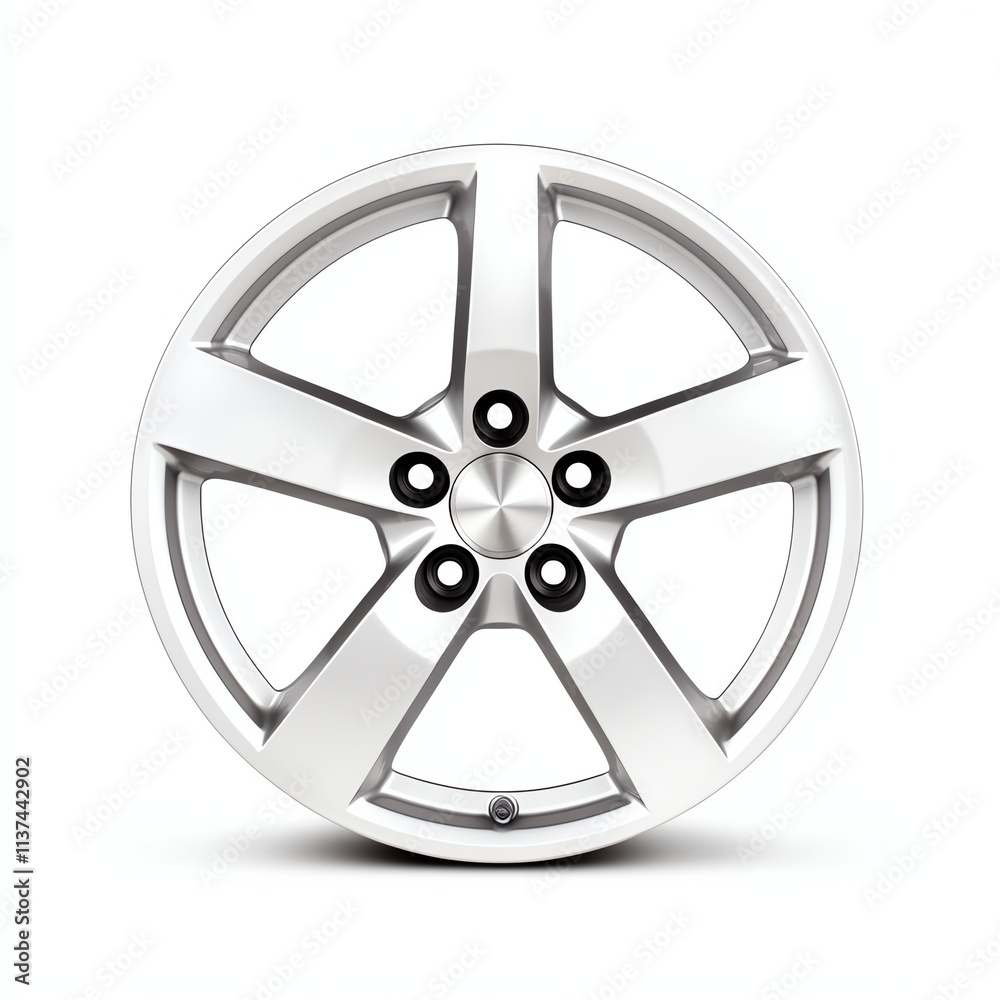 A sleek, modern silver alloy wheel with a five-spoke design, featuring black lug nuts and a polished finish, ideal for enhancing vehicle aesthetics. A sleek, modern silver alloy wheel with a five-spoke design, featuring black lug nuts and a polished finish, ideal for enhancing vehicle aesthetics.