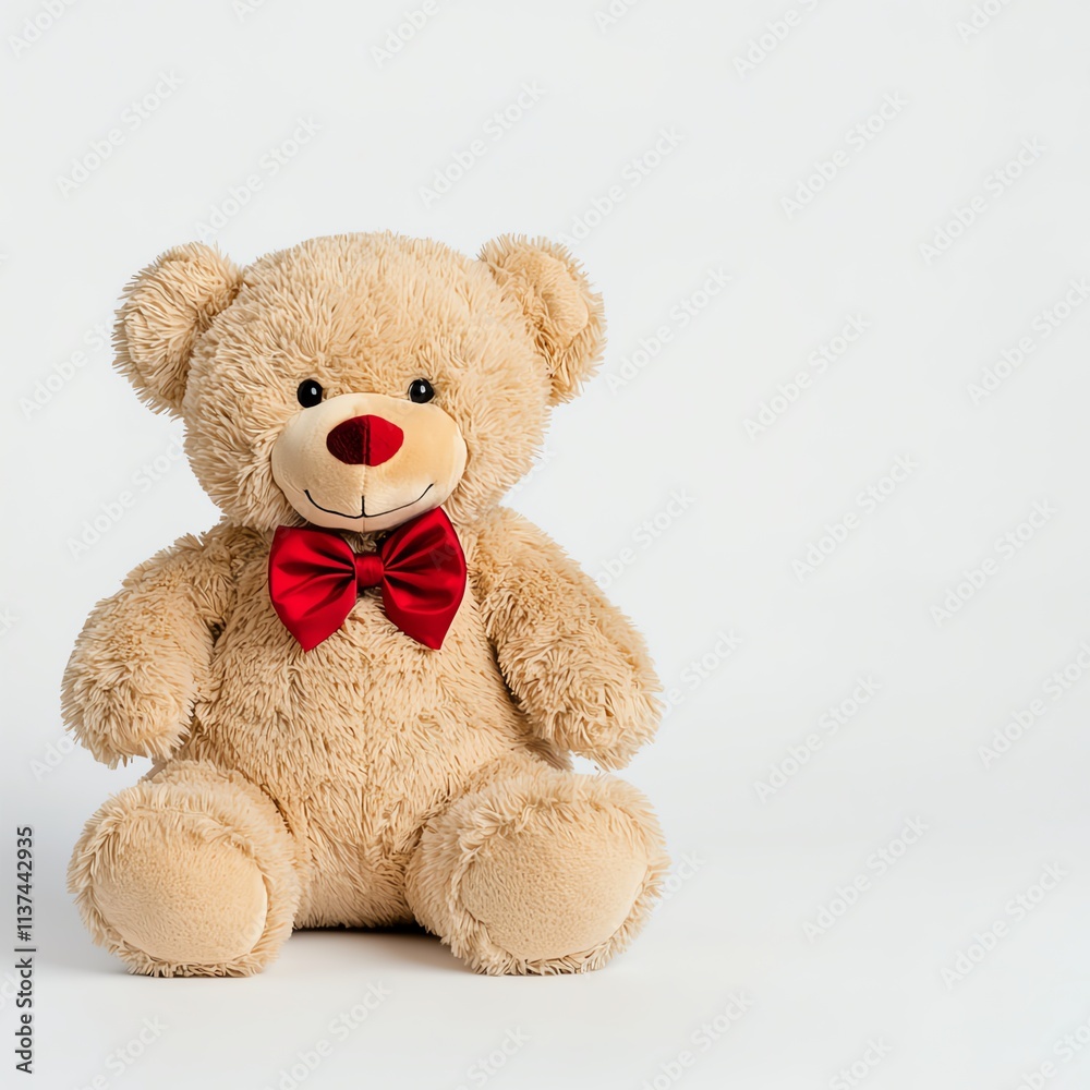 Obraz premium A cute teddy bear with a red bow tie, sitting against a plain background, perfect for gifting or decoration.