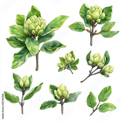 Sassafras albidum Watercolor Illustration from Top View, Isolated on White Background Generative AI photo