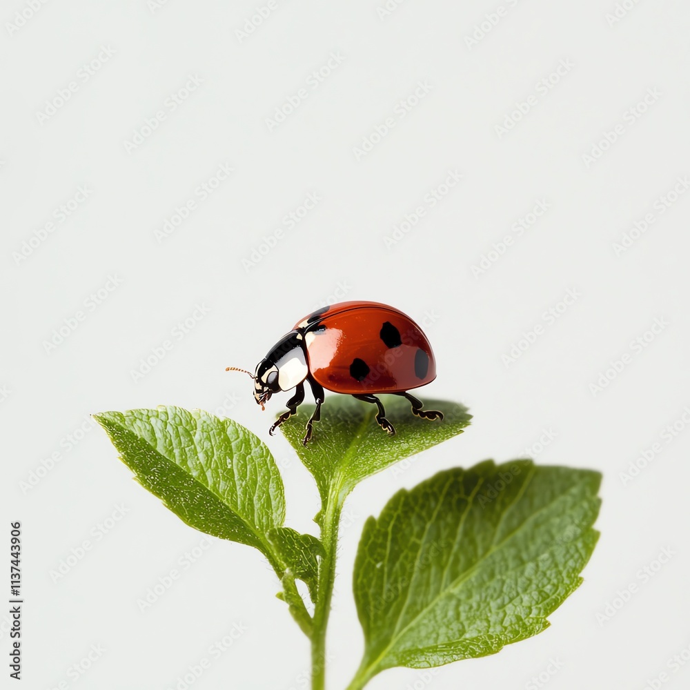 Obraz premium A vibrant ladybug rests on a green leaf, showcasing its striking red shell and black spots against a minimalist background.