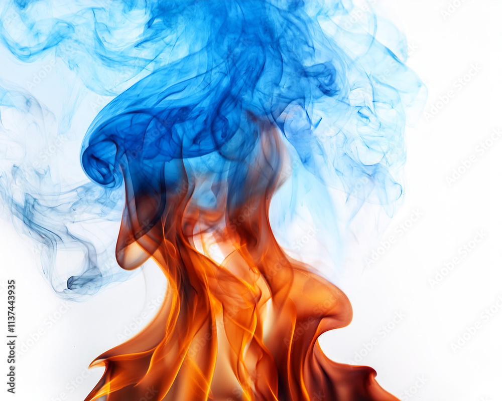 Fototapeta premium Perfect for backgrounds, the contrast and drama of vivid fire and vivid blue smoke against a white background